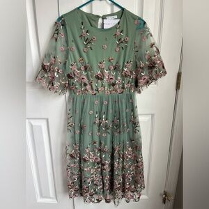 Sage green, tulle dress with flower embroidery